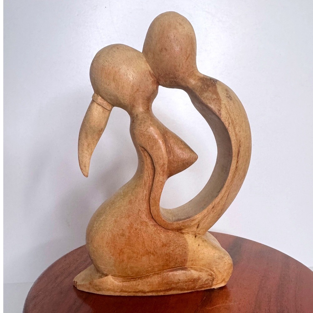 Vintage Hand Carved Abstract Wood Sculpture Embracing Couple Romantic Art